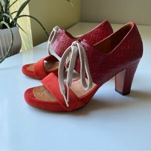 Chie Mihara Leather Embossed High Heel Sandals w/Lace Tie | Red Suede